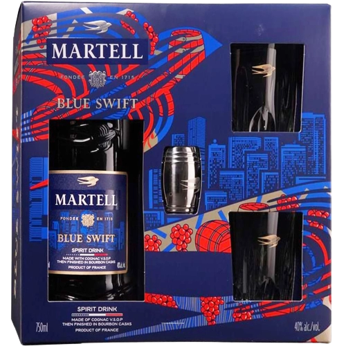 Hộp Quà Rượu Cognac Pháp Martell Blue Swift tặng kèm 2 Ly