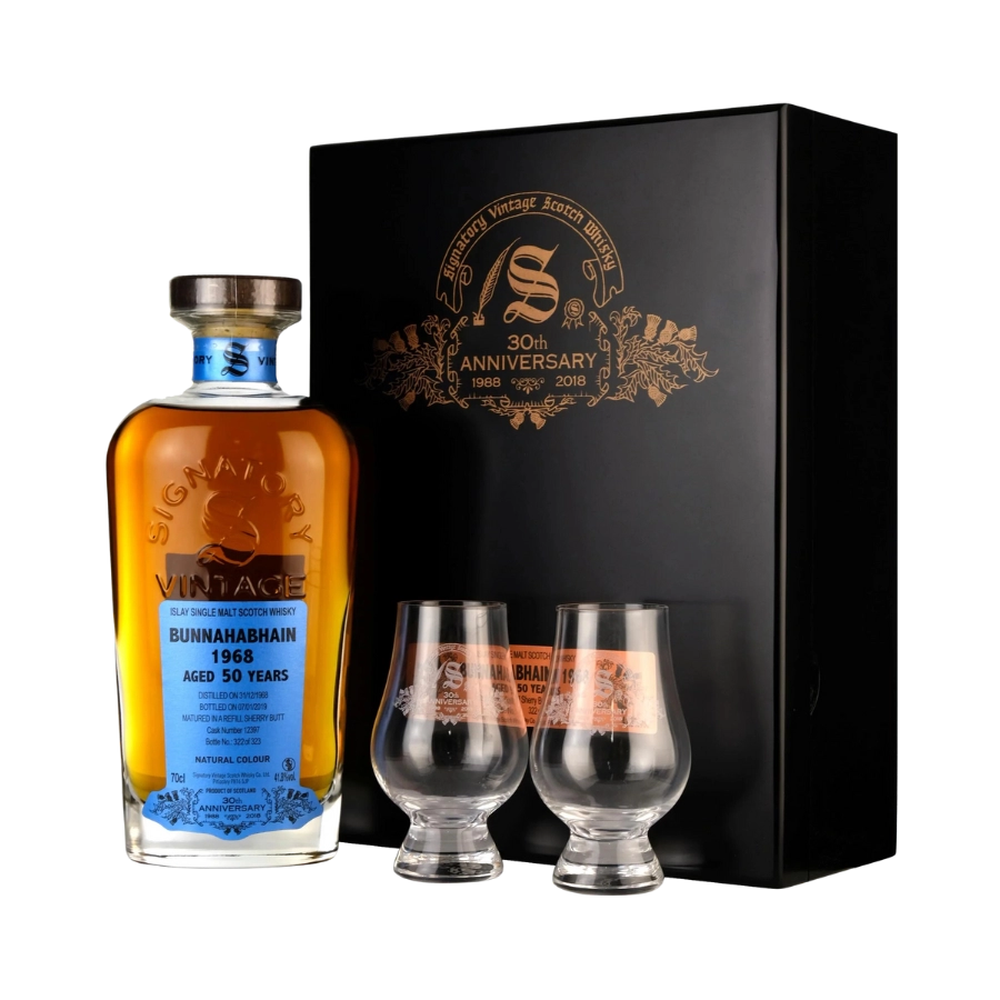 Rượu Whisky Bunnahabhain 50 Year Old Signatory Vintage 30th Anniversary Kèm 2 Ly