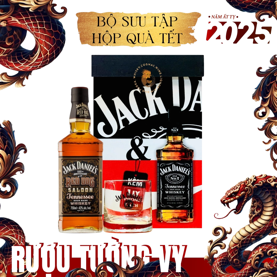 Rượu Whisky Jack Daniel's Red Dog Saloon Kèm 1 Ly Cao Cấp Phiên Bản Hộp Quà Tết 2025