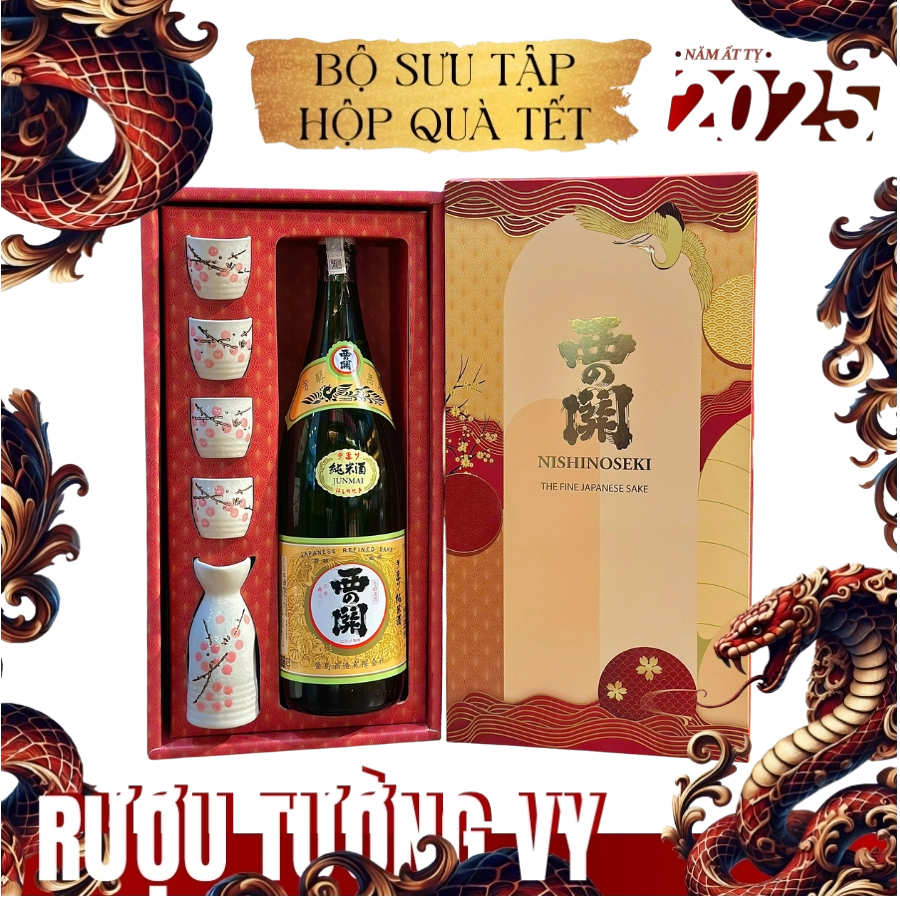 Set Rượu Sake Nhật Nishinoseki Junmai 1800ml Hộp Quà Tết 2025