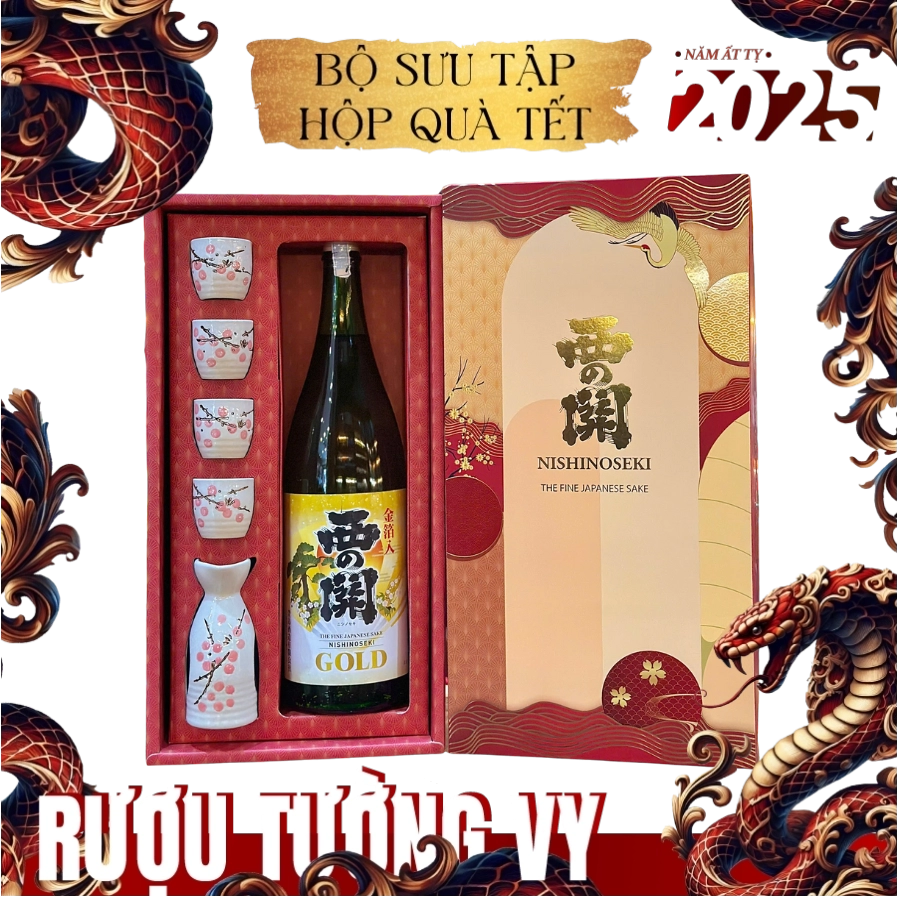 Set Rượu Sake Nhật Nishinoseki Gold Leaf 1800ml Hộp Quà Tết 2025