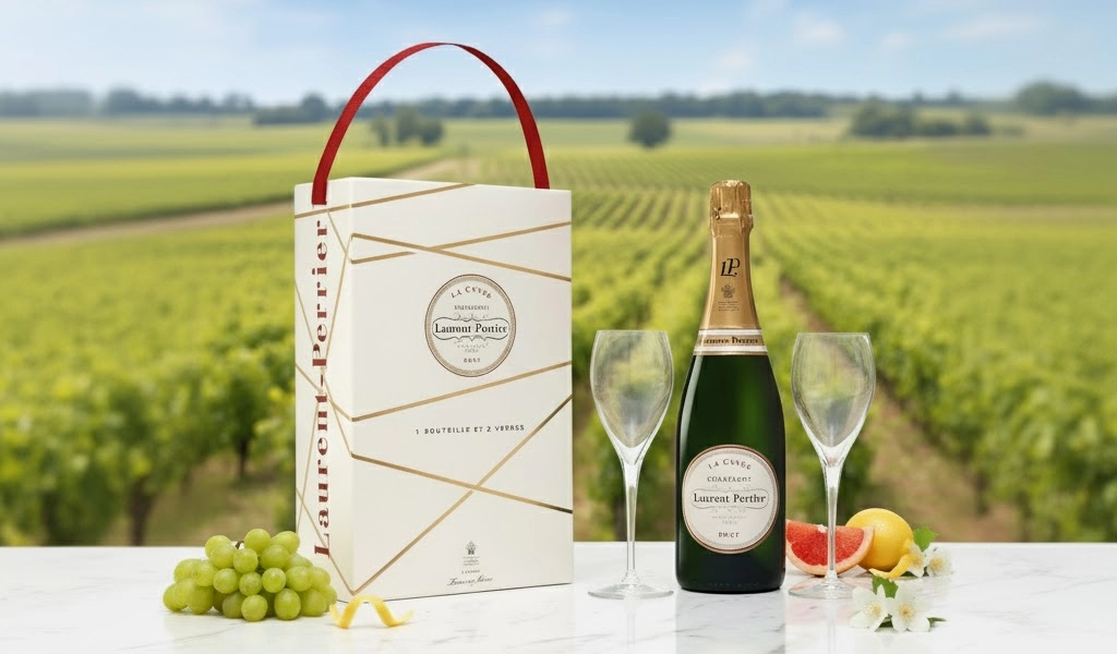 Rượu Champagne Pháp Laurent Perrier Brut La Cuvee Kèm Hộp + 2 Ly Tiêu Biểu
