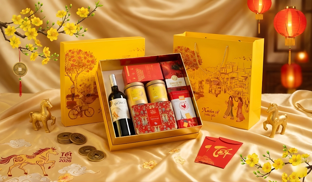 Rượu Vang Đỏ Aromo Cabernet Sauvignon Hộp Quà Tết 2026 Set Phố Xuân 2