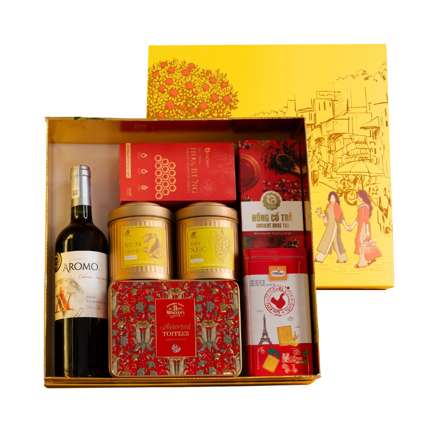 Rượu Vang Đỏ Aromo Cabernet Sauvignon Hộp Quà Tết 2026 Set Phố Xuân 2