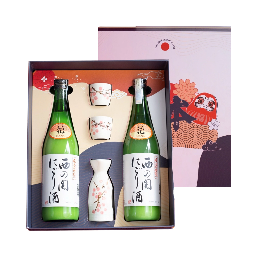 Rượu Sake Nhật Nishinoseki Nigori Zake Hộp Quà Tết 2026 Set Daruma