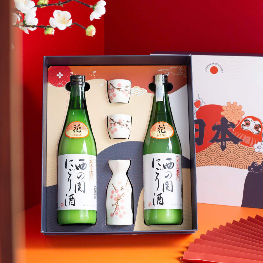 Rượu Sake Nhật Nishinoseki Nigori Zake Hộp Quà Tết 2026 Set Daruma