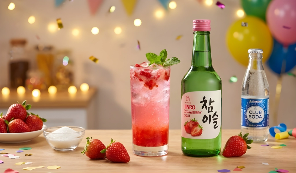 Cocktail Dâu Tây Hồng Phấn Với Jinro Strawberry