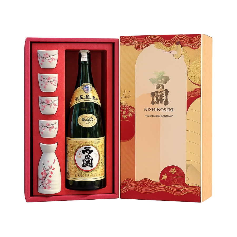 Set Rượu Sake Nhật Nishinoseki Junmai 1800ml Hộp Quà Tết 2025