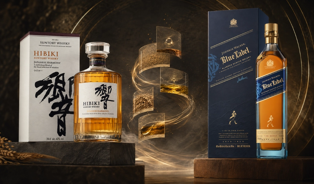 Hai Trường Phái Phối Trộn Của Hibiki Harmony Và Johnnie Walker Blue Label